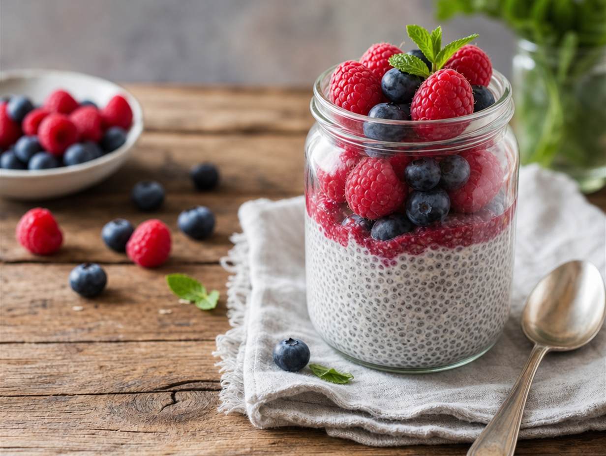 Glas mit cremigem Chiapudding, darauf Himbeeren, Heidelbeeren und Minzblätter