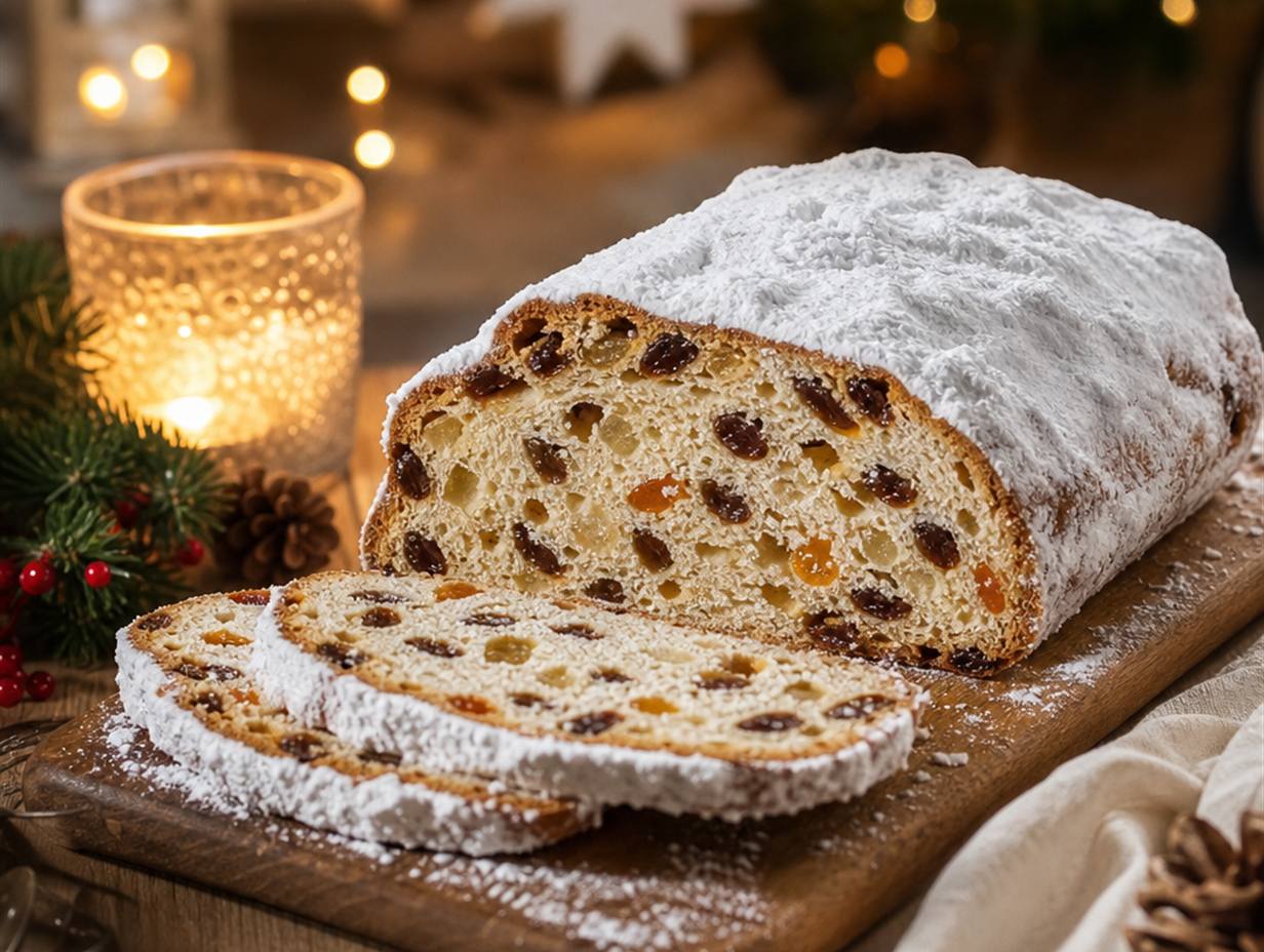 Angeschnittener Christstollen mit dicker Puderzuckerschicht, in der Schnittfläche sind Rosinen sowie helle und orangefarbene Würfel kandierter Schale sichtbar