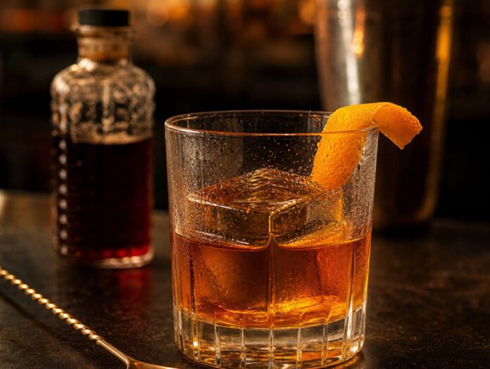 Bernsteinfarbener Cocktail im schweren Tumbler über einem großen klaren Eiswürfel mit Orangenzeste