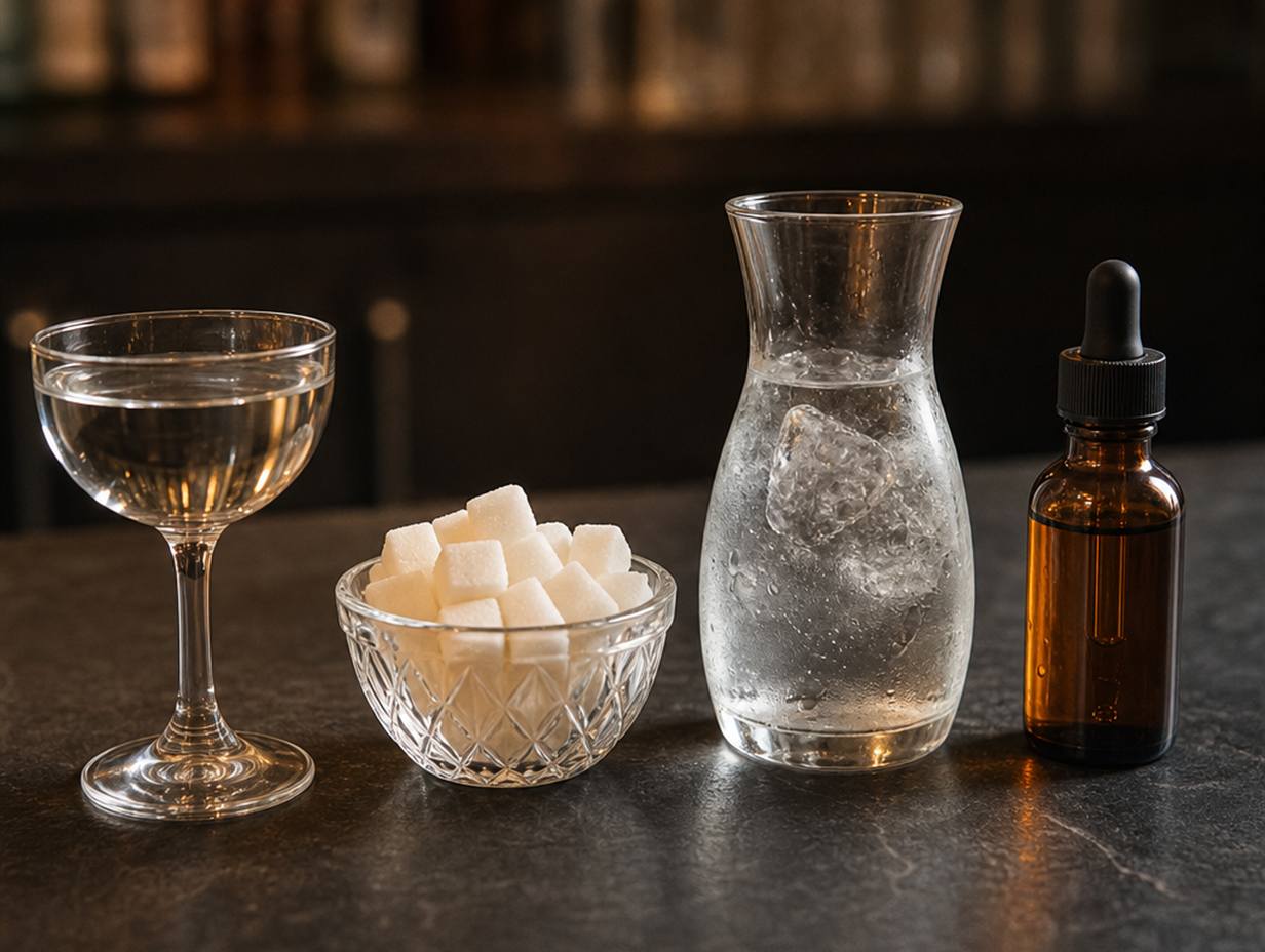 Die vier klassischen Cocktailbestandteile nebeneinander: klare Spirituose, Zuckerwürfel, Wasser mit Eis und ein Fläschchen Bitter