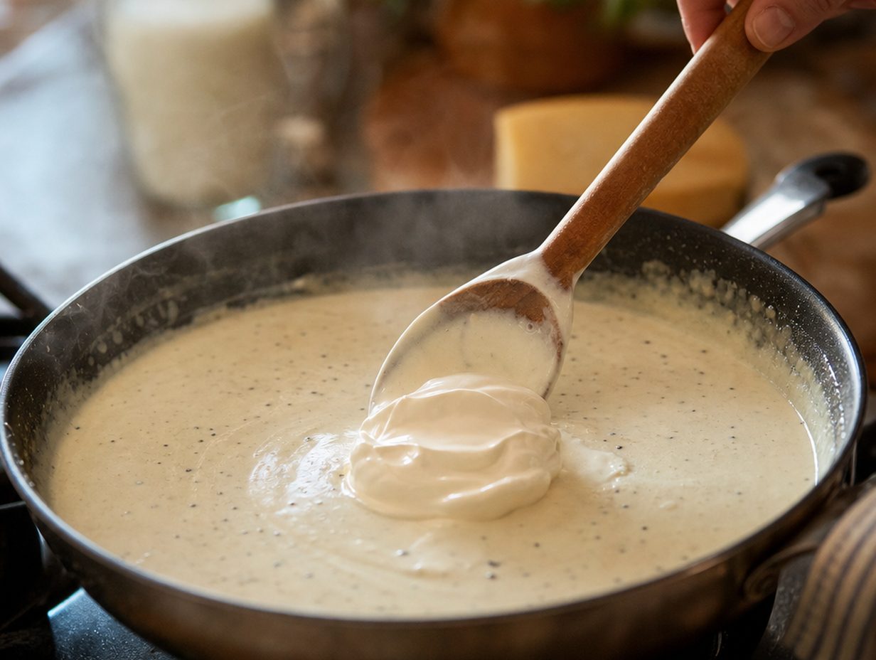 Pfanne mit cremiger heller Sauce, ein Löffel dicke Crème fraîche wird eingerührt, die Sauce bleibt glatt