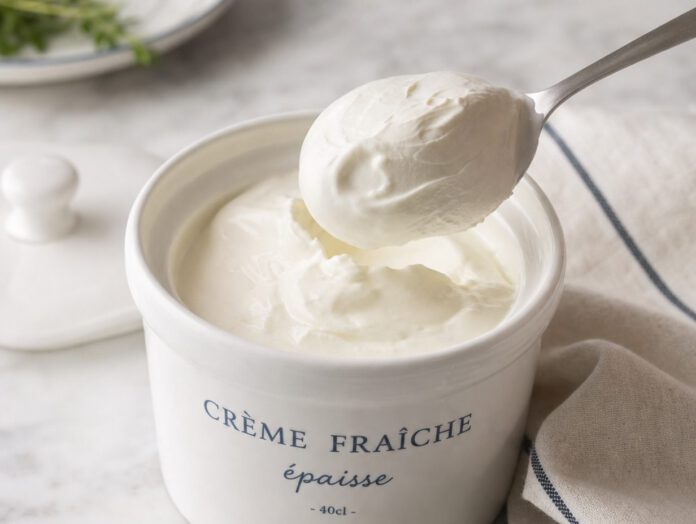 Weißes Keramiktöpfchen mit dicker glänzender Crème fraîche, ein Löffel hebt eine standfeste Portion heraus