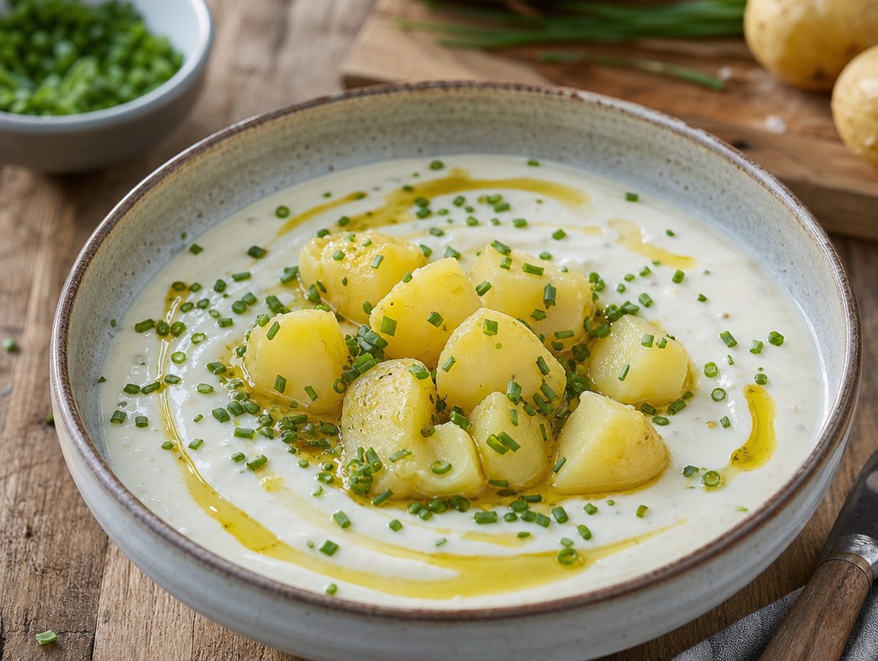 Schale Dickmilch mit Pellkartoffeln, gehacktem Schnittlauch und einem Schuss Leinöl auf rustikalem Holztisch