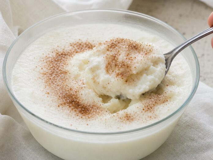 Glasschale mit dicker weißer Sauermilch, ein Löffel hebt eine Portion heraus, bestreut mit Zucker und Zimt