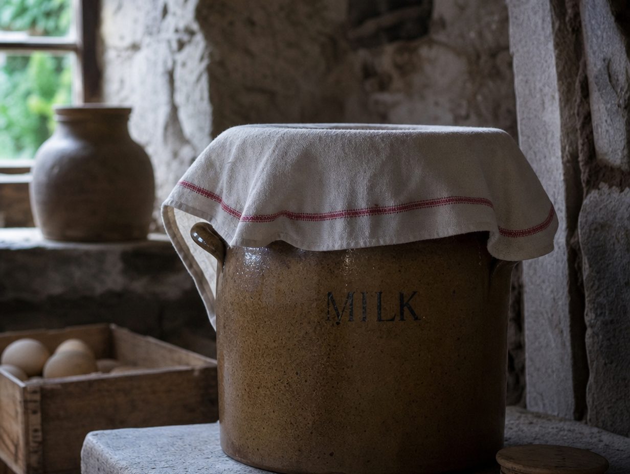 Alter Steinguttopf mit Milch und einem Tuch darüber auf einem kühlen Regal in einer Speisekammer