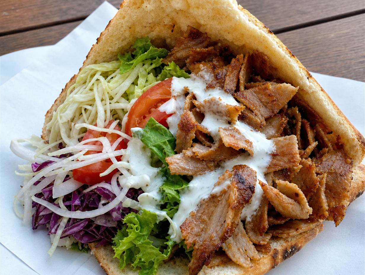 Gefüllter Döner im Fladenbrot mit Fleisch, Weißkraut, Tomate, Zwiebel, Salat und Joghurtsauce