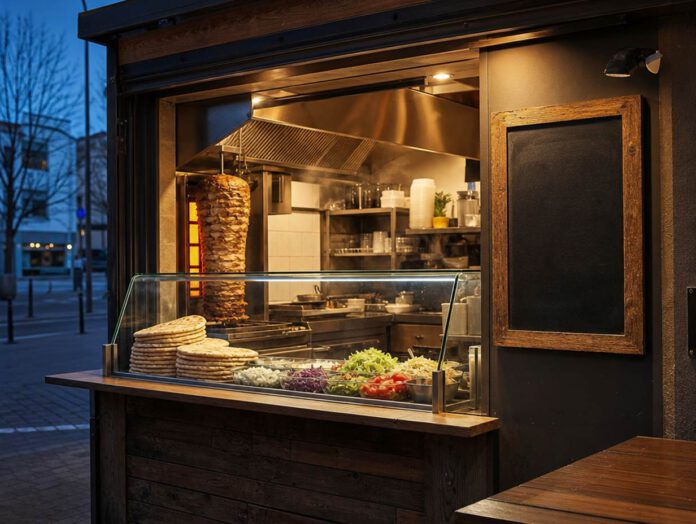 Theke eines Dönerimbisses am Abend mit drehendem Spieß hinter Glas, Fladenbrot und Salatschalen