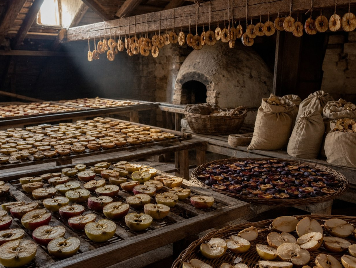Halbierte Äpfel und Pflaumen trocknen auf hölzernen Horden und Weidenkörben über einem Backofen, darüber Schnüre mit Apfelringen