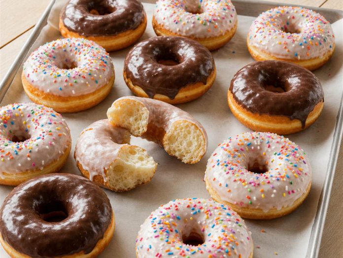 Glasierte Ringdonuts mit Zuckerstreuseln und Schokoglasur auf Backpapier, einer aufgebrochen