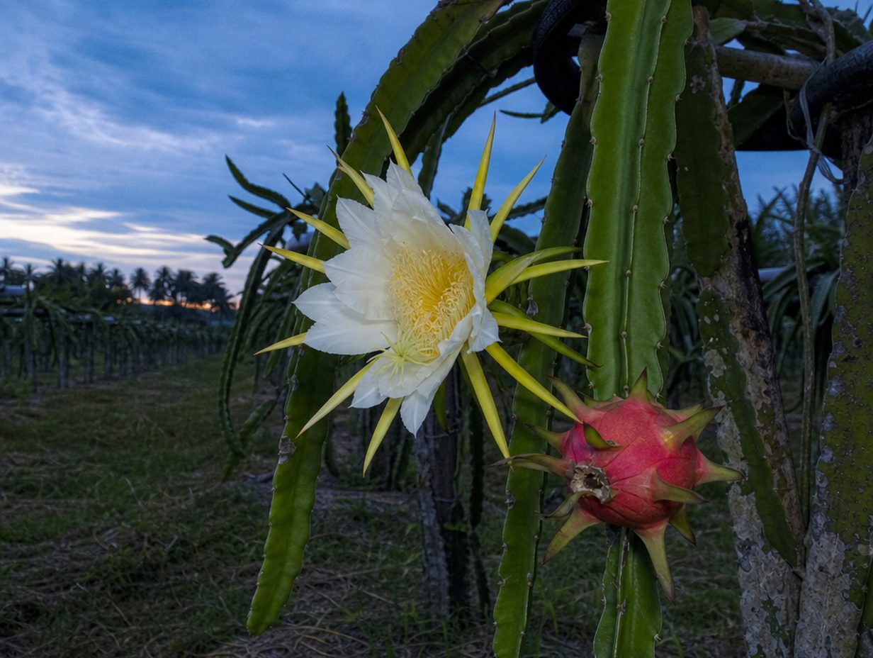 Drachenfruchtkaktus an einem Spalier in der Dämmerung mit großer weißer Blüte und heranreifender pinker Frucht