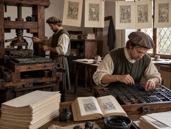 Setzer sortiert Bleilettern im Winkelhaken, dahinter eine hölzerne Druckpresse und zum Trocknen aufgehängte bedruckte Bogen
