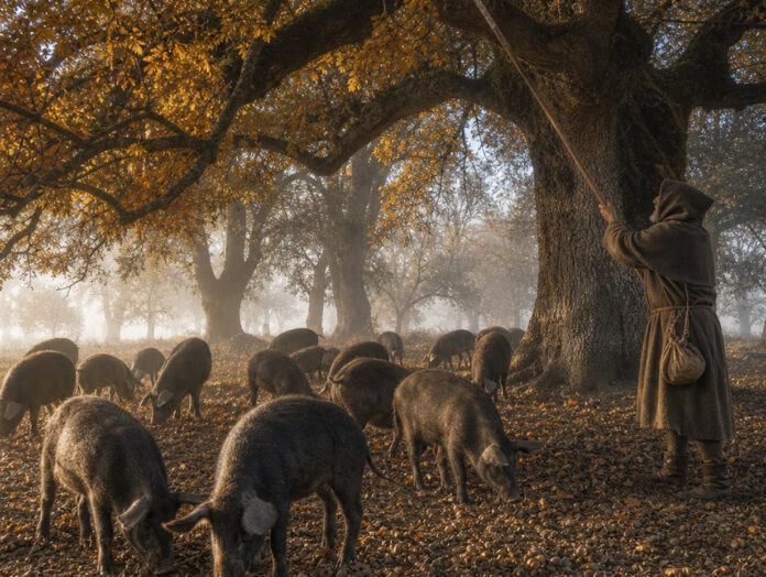 Herde dunkler langbeiniger Schweine sucht unter alten Eichen im Herbstlaub nach Eicheln, ein Hirte schlägt mit einer Stange Eicheln herunter