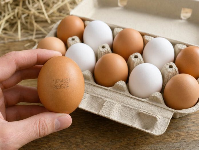 Braune und weiße Hühnereier in einer offenen Eierschachtel, auf einem Ei ist der aufgedruckte Erzeugercode zu sehen