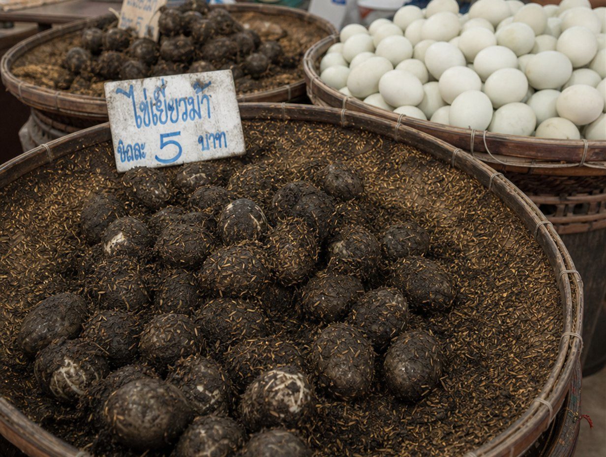 Körbe mit in dunkler Lehmpaste und Reisspreu eingehüllten Eiern auf einem Marktstand