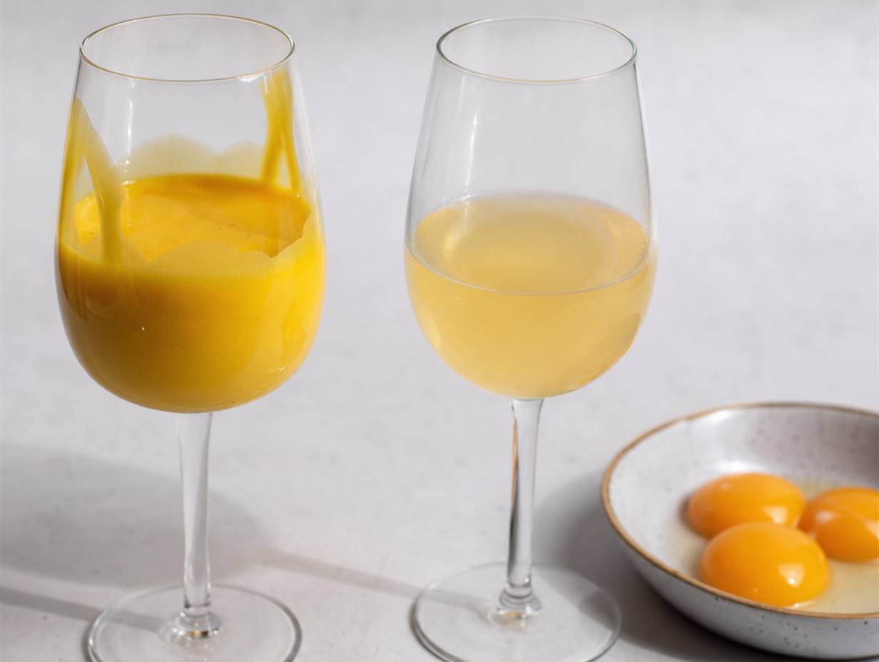 Links ein Glas mit sattgelbem, dickflüssigem Eierlikör, der am Glasrand haftet, rechts ein Glas mit blassem, dünnflüssigem Likör, daneben Eigelbe in einer Schale
