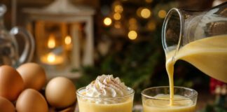 Was ist Eierlikör? Zwei Gläser mit dickflüssigem gelbem Eierlikör, in eines wird aus einer Karaffe nachgeschenkt, daneben braune Eier in einer Schale