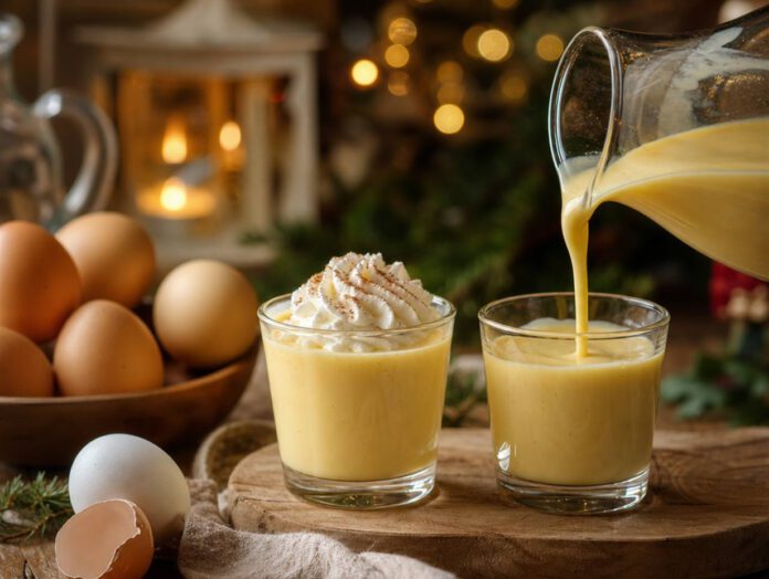 Zwei Gläser mit dickflüssigem gelbem Eierlikör, in eines wird aus einer Karaffe nachgeschenkt, daneben braune Eier in einer Schale