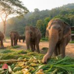 Asiatische Elefanten stehen in einem weitläufigen Gehege mit tropischer Vegetation
