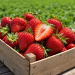 Reife rote Erdbeeren mit grünen Kelchblättern in einer Holzsteige, eine davon halbiert