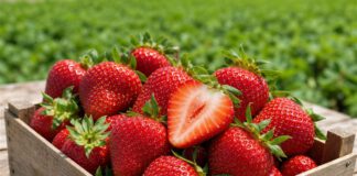 Tag der Erdbeere am 27. Februar: Termin, Saison und Botanik Reife rote Erdbeeren mit grünen Kelchblättern in einer Holzsteige, eine davon halbiert