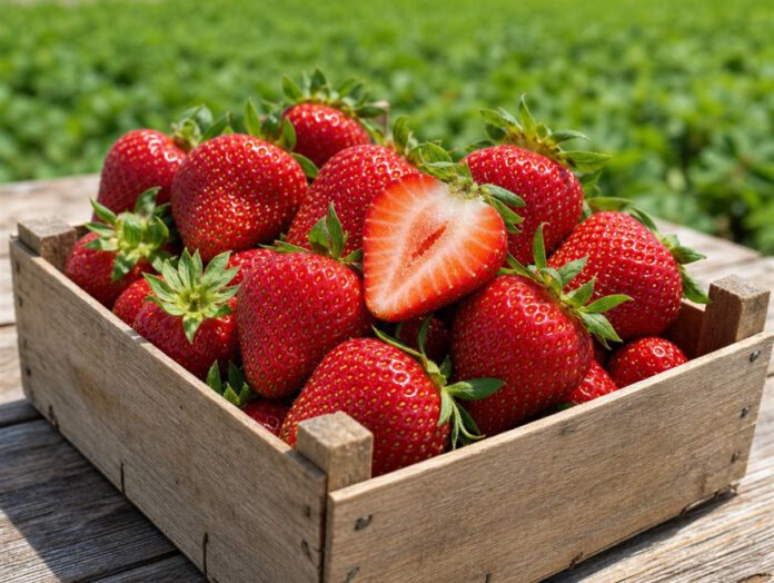 Reife rote Erdbeeren mit grünen Kelchblättern in einer Holzsteige, eine davon halbiert