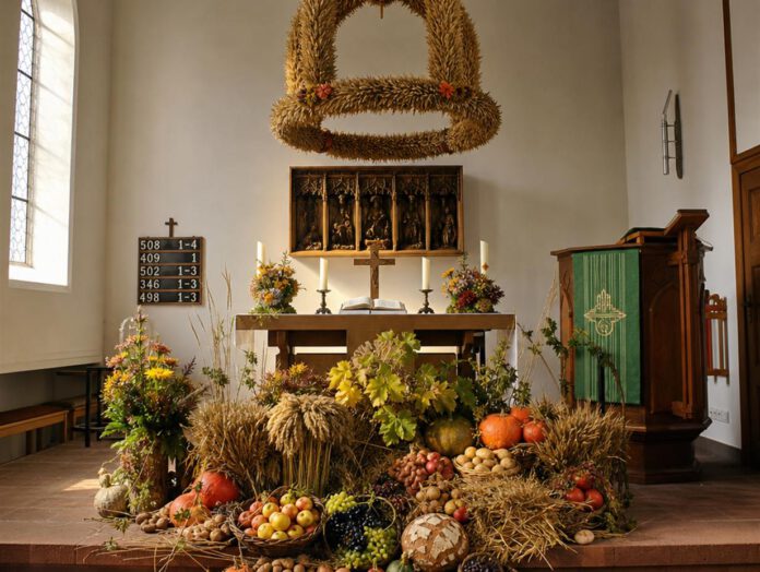 Mit Getreidegarben, Kürbissen, Äpfeln und Brot geschmückter Erntedankaltar mit geflochtener Erntekrone in einer Kirche