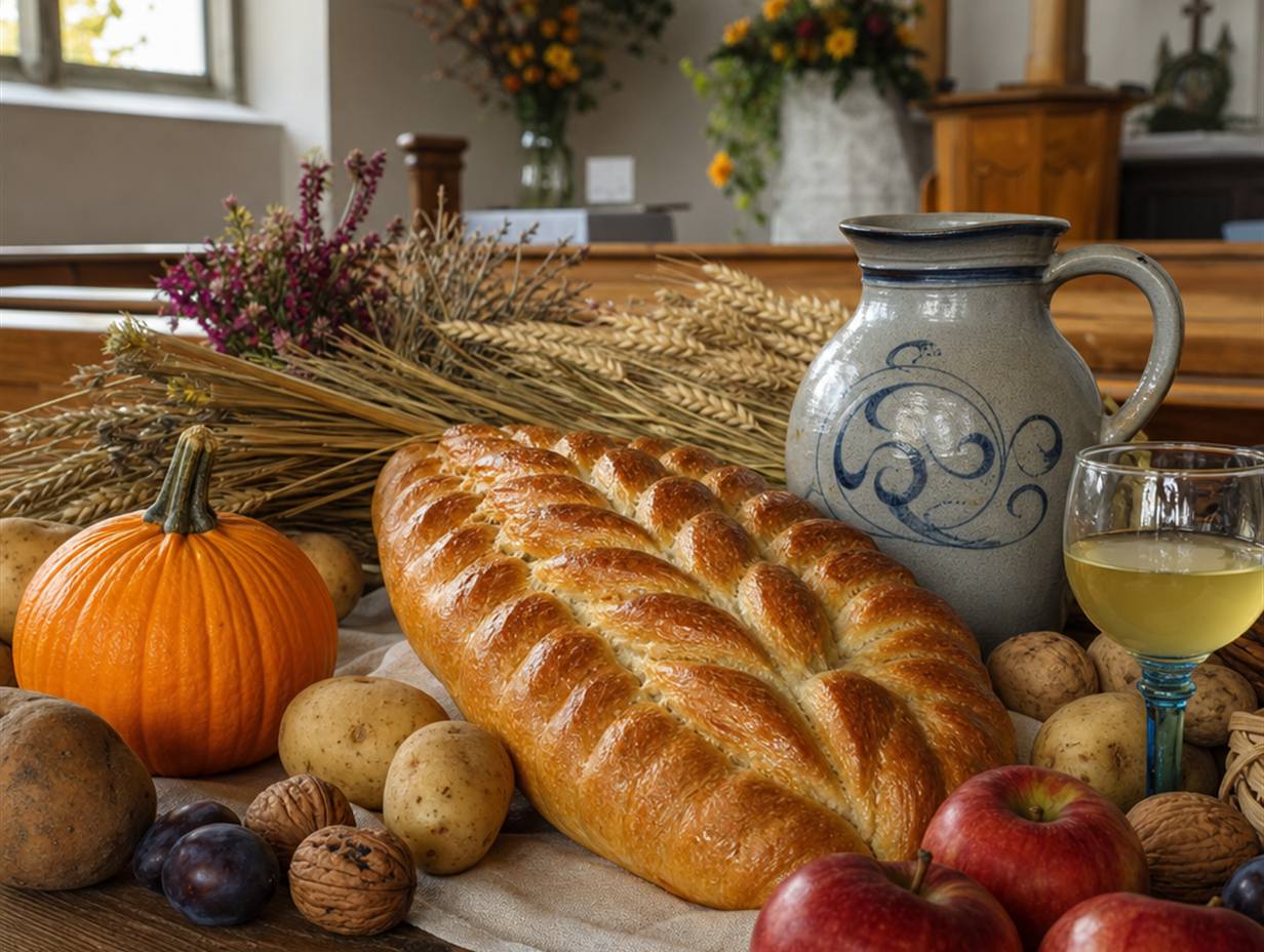 Geflochtenes Erntedankbrot in Ährenform auf einem Tisch mit Kürbis, Kartoffeln, Äpfeln, Pflaumen, Walnüssen und einem Glas Federweißer