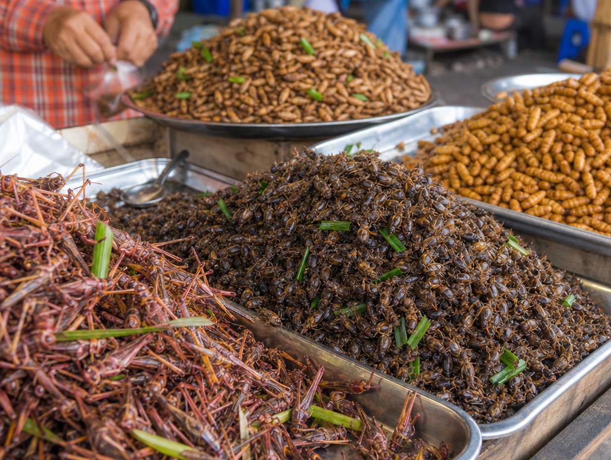 Frittierte essbare Insekten in Metallschalen an einem Marktstand