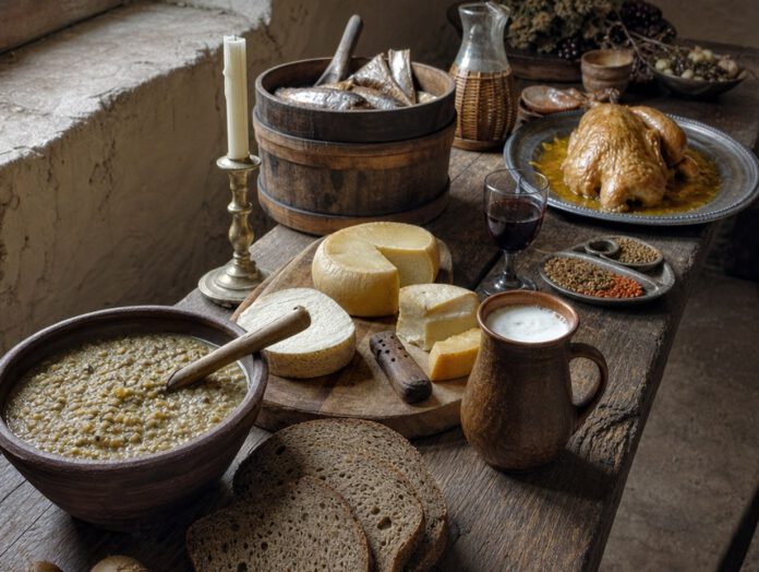 Langer Holztisch mit Getreidebrei, dunklem Brot, Käse, Salzfisch im Fass, Buttermilch, gebratenem Geflügel in Safransauce, Wein und Gewürzschalen