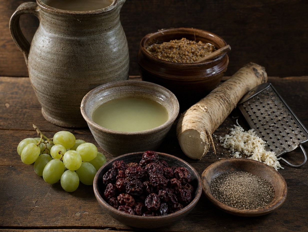 Krug mit Weinessig, Schale mit grünem Verjus, unreife Trauben, Topf mit grobem Senf, Meerrettichwurzel mit Reibe, getrocknete Sauerkirschen und Pfeffer