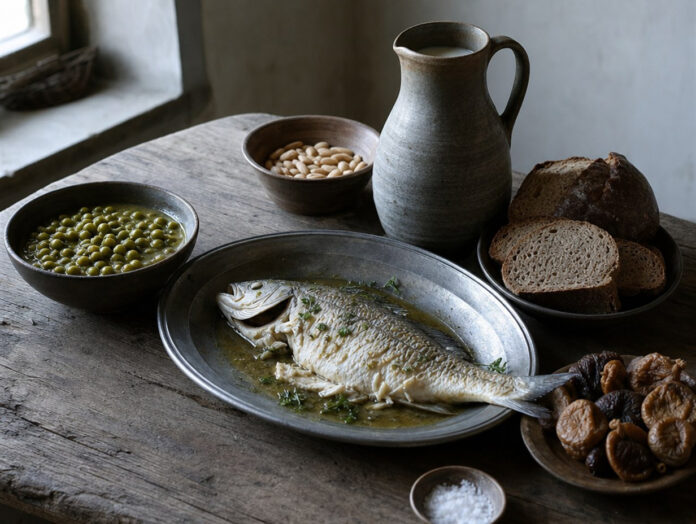 Zinnplatte mit pochiertem Süßwasserfisch, Schale Erbsen, Krug Mandelmilch, Mandeln, dunkles Brot und getrocknete Feigen auf einem Holztisch