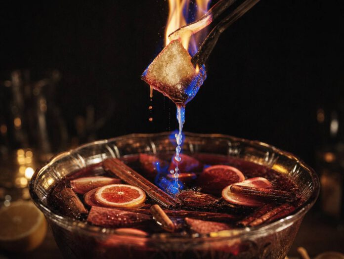 Brennender Zuckerhut auf einer Metallzange über einer Bowleschale mit rotem Glühwein, Zimtstangen und Orangenscheiben, karamellisierter Zucker tropft in blauer Flamme hinunter