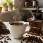 Tasse frisch aufgebrühter schwarzer Filterkaffee neben einer Handmühle und Kaffeebohnen