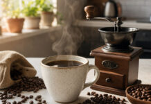 Warum schmeckt Kaffee sauer? Tasse frisch aufgebrühter schwarzer Filterkaffee neben einer Handmühle und Kaffeebohnen