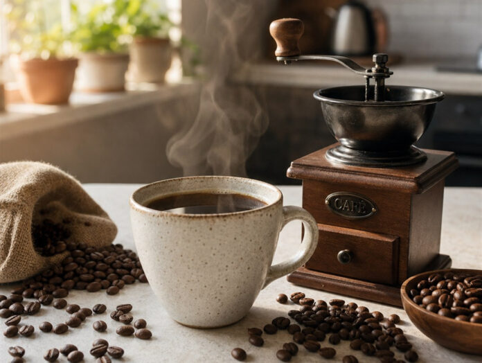 Tasse Filterkaffee mit Handmühle Tasse frisch aufgebrühter schwarzer Filterkaffee neben einer Handmühle und Kaffeebohnen