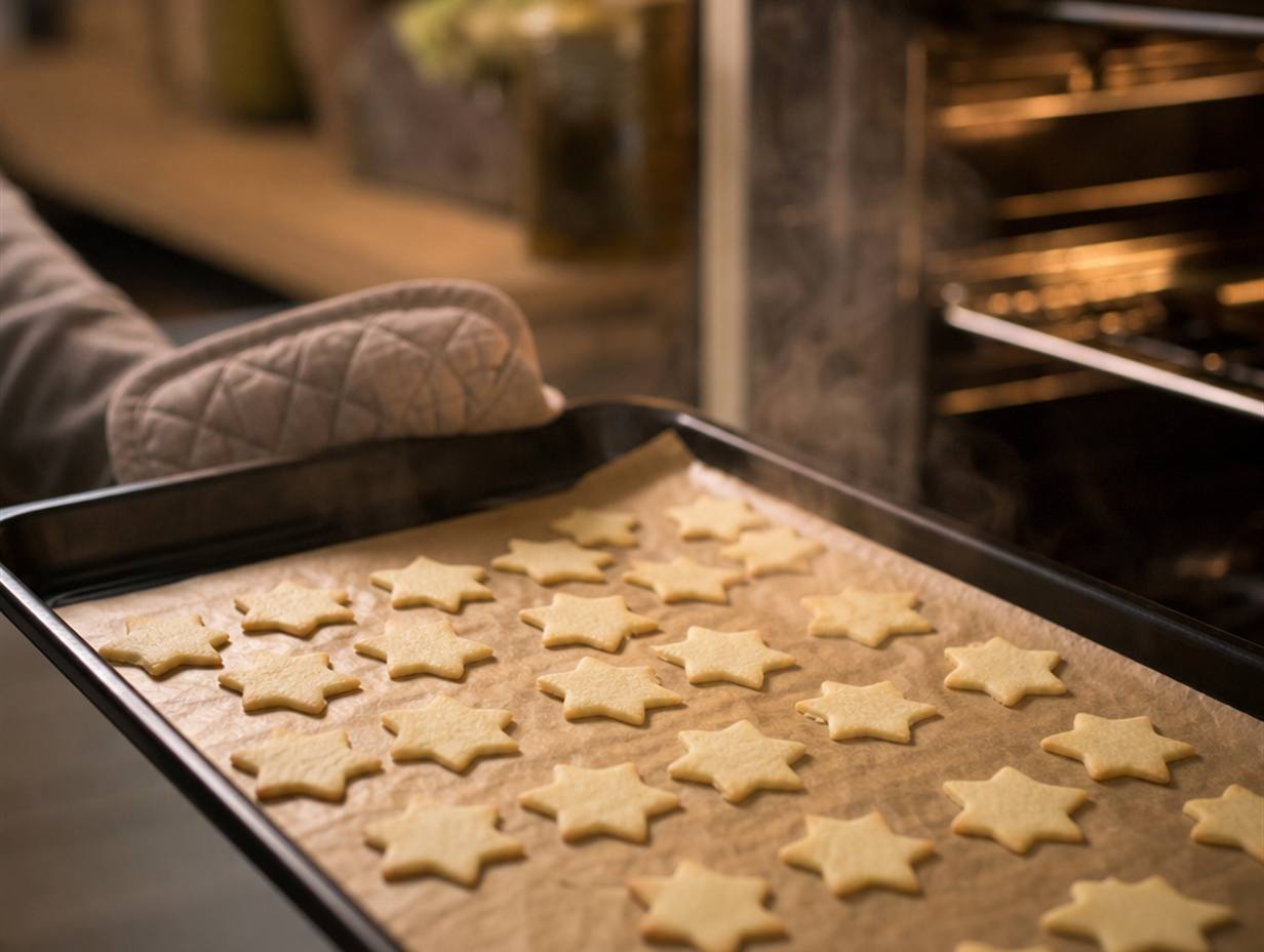 Backblech mit vielen dünnen, hell gebackenen Sternplätzchen, das gerade aus dem geöffneten Backofen gezogen wird