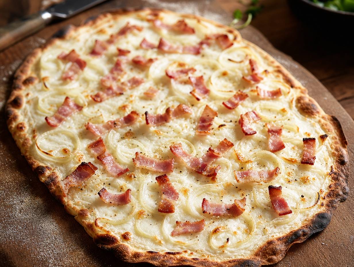 Dünner knuspriger Flammkuchen auf Holzbrett mit weißer Cremeschicht, Zwiebelringen und Speckstreifen