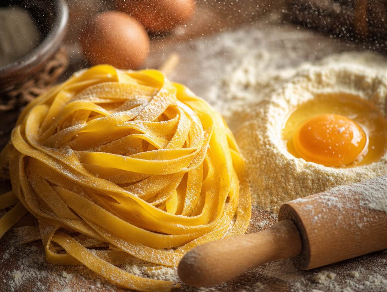 Nest aus frischen gelben Tagliatelle auf einem Holzbrett, daneben ein aufgeschlagenes Ei in einer Mulde aus Grieß
