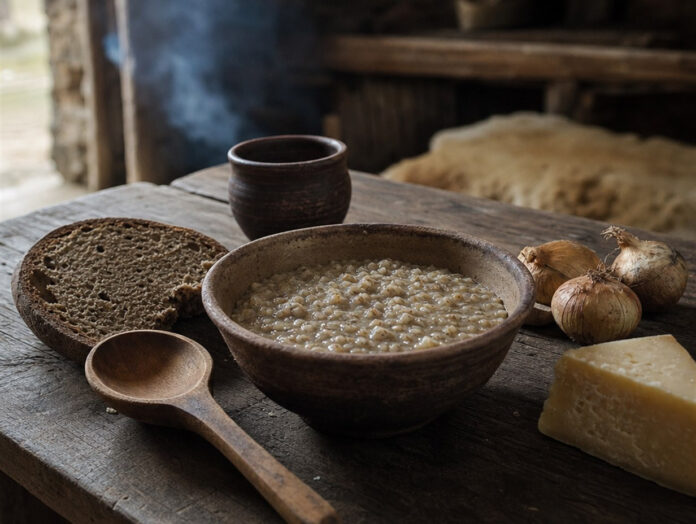 Tonschale mit dickem Getreidebrei, dunkles Fladenbrot, Holzlöffel, Zwiebeln und Hartkäse auf einem groben Holztisch
