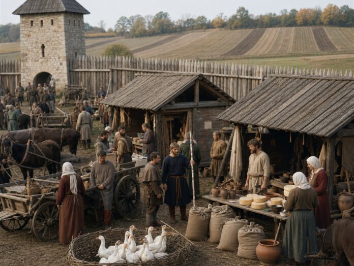 Kleiner Markt mit Holzbuden vor Palisade und Steinturm, Bauern handeln mit Getreidesäcken, Gänsen, Käse und Tonware, dahinter Streifenfluren