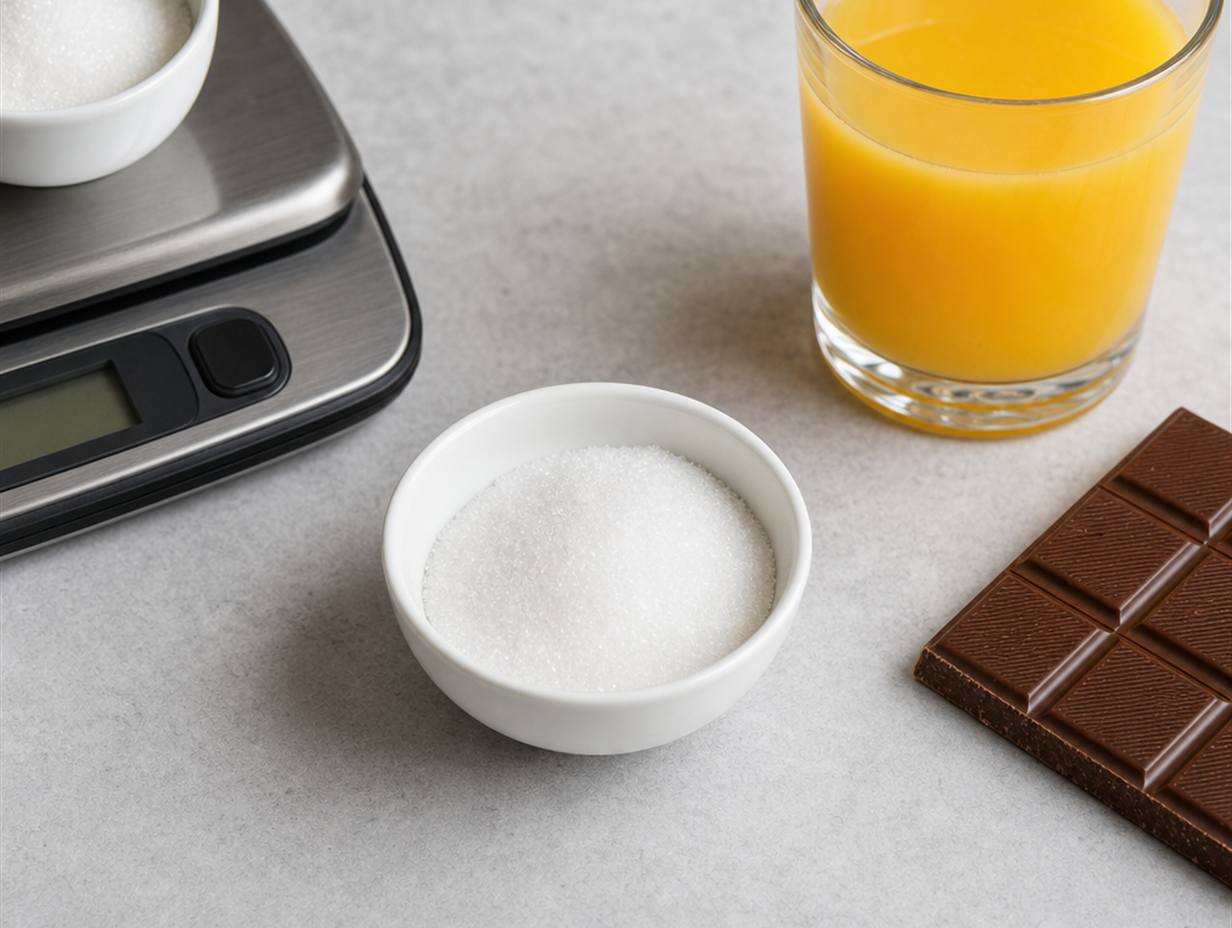 Schale mit weißem Zucker neben einem Glas Orangensaft und einer halben Tafel Schokolade auf einer Küchenwaage