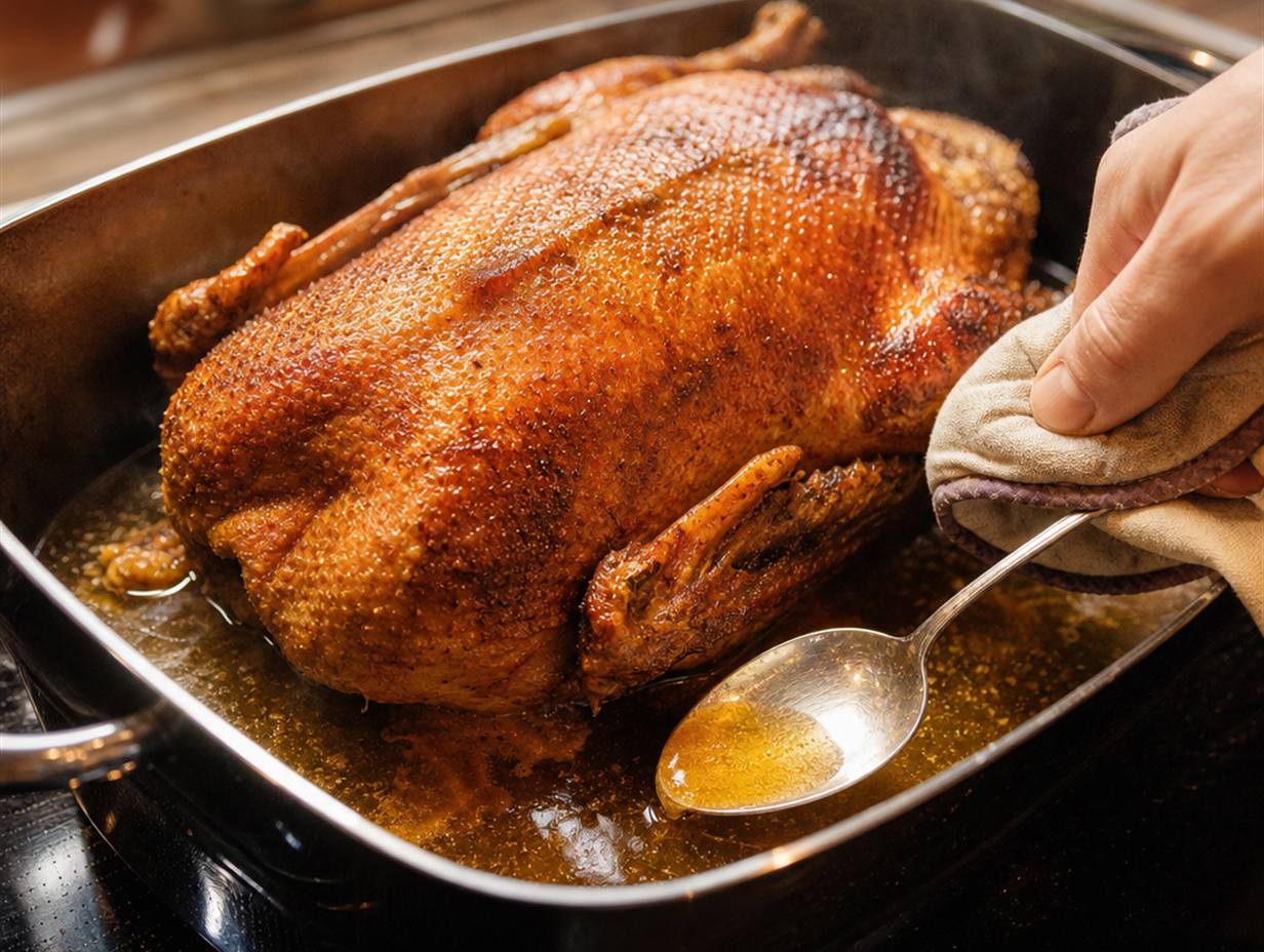 Gänsebraten mit knuspriger Haut in einem Bräter, am Boden viel flüssiges goldenes Bratfett, eine Hand schöpft mit einem Löffel Fett ab