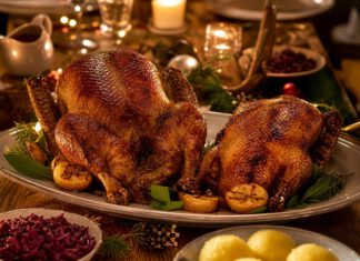 Gans oder Ente: Was ist der Unterschied? Zwei gebratene Vögel auf einer Servierplatte, links ein deutlich größerer Gänsebraten, rechts eine kleinere gebratene Ente, daneben Rotkohl und Klöße