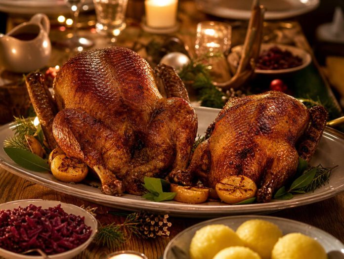 Zwei gebratene Vögel auf einer Servierplatte, links ein deutlich größerer Gänsebraten, rechts eine kleinere gebratene Ente, daneben Rotkohl und Klöße