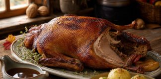 Martinsgans: Warum am 11. November die Gans auf den Tisch kommt Ganzer Gänsebraten mit knuspriger Haut auf einer Platte, daneben Schüsseln mit Rotkohl und Kartoffelklößen