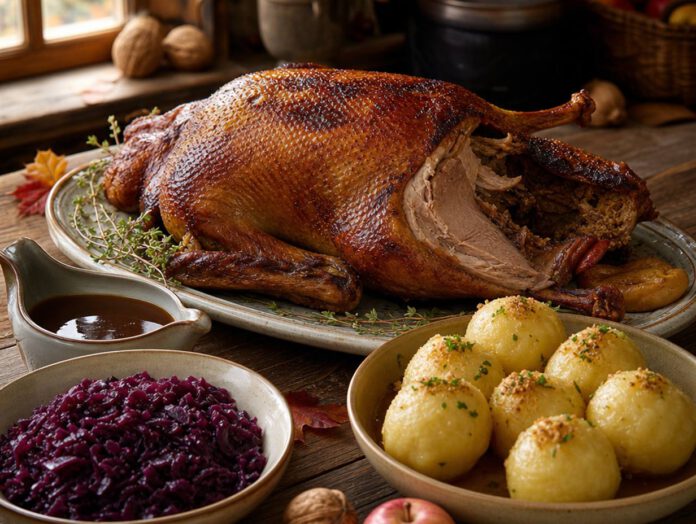 Ganzer Gänsebraten mit knuspriger Haut auf einer Platte, daneben Schüsseln mit Rotkohl und Kartoffelklößen