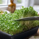 Dichte Schale mit grünen Gartenkresse-Keimlingen, eine Schere schneidet eine Handvoll ab