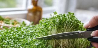 Wie schmeckt Kresse? Dichte Schale mit grünen Gartenkresse-Keimlingen, eine Schere schneidet eine Handvoll ab