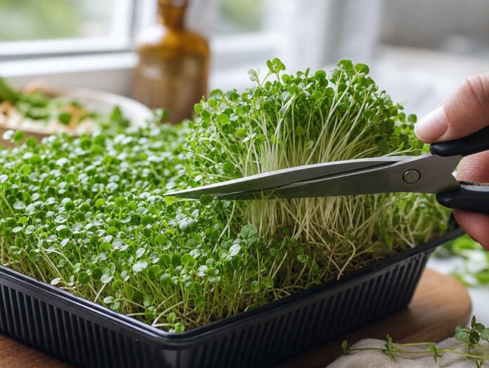 Dichte Schale mit grünen Gartenkresse-Keimlingen, eine Schere schneidet eine Handvoll ab