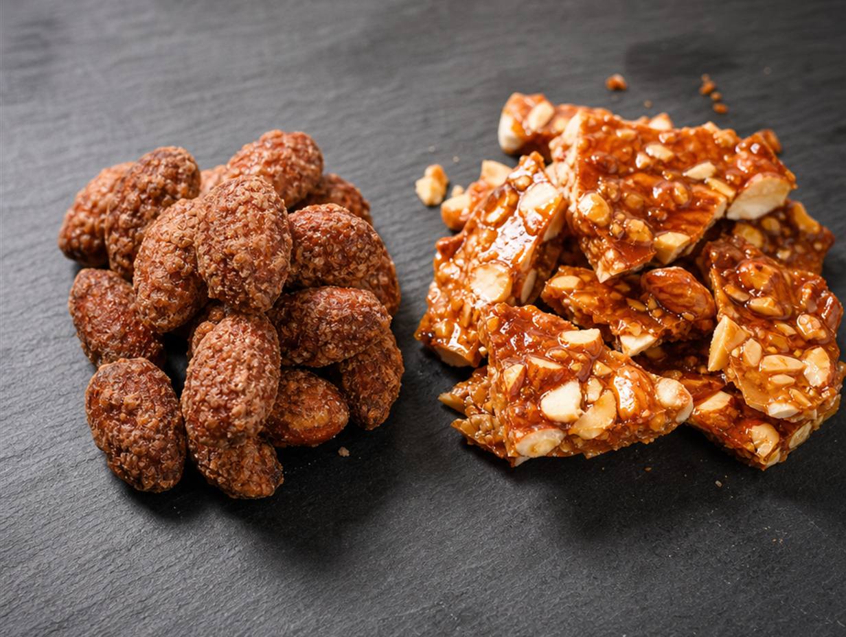 Links ganze gebrannte Mandeln mit rauer Zuckerkruste, rechts glasige Splitter aus Nusskrokant auf einer Schieferplatte